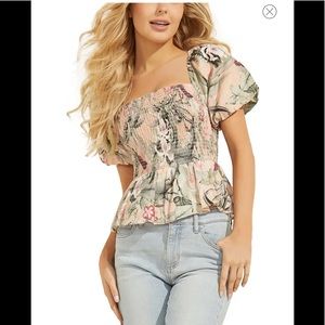 Guess Lindy Floral Smocked Linen Top new with tags. Size S